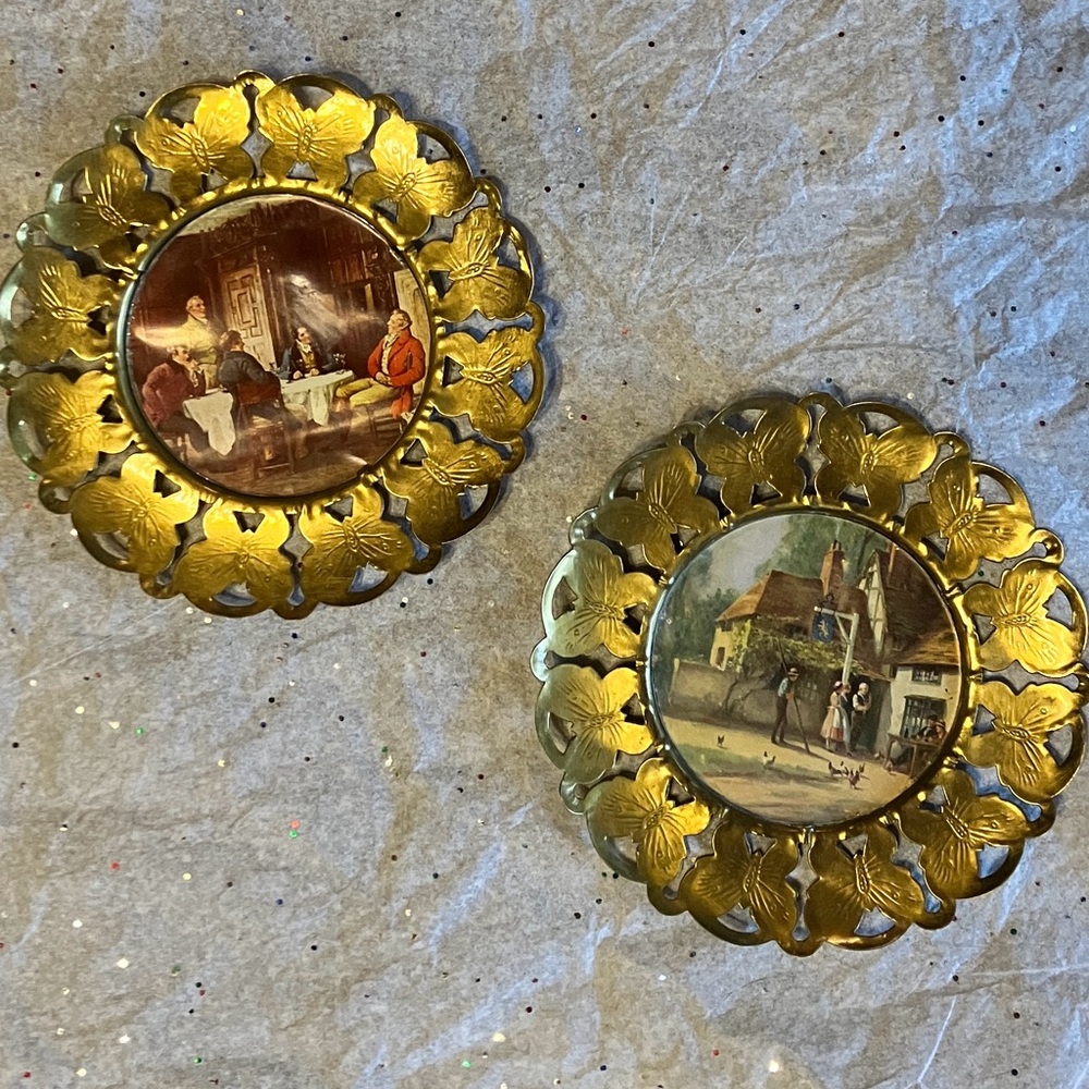 Set of 2 Vintage Original Brass Punched Butterfly 6" Circular Frames England